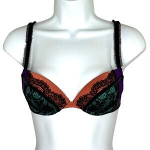 Studio La Perla Underwire Push Up Balconette Bra 32C Black Teal Orange Lace